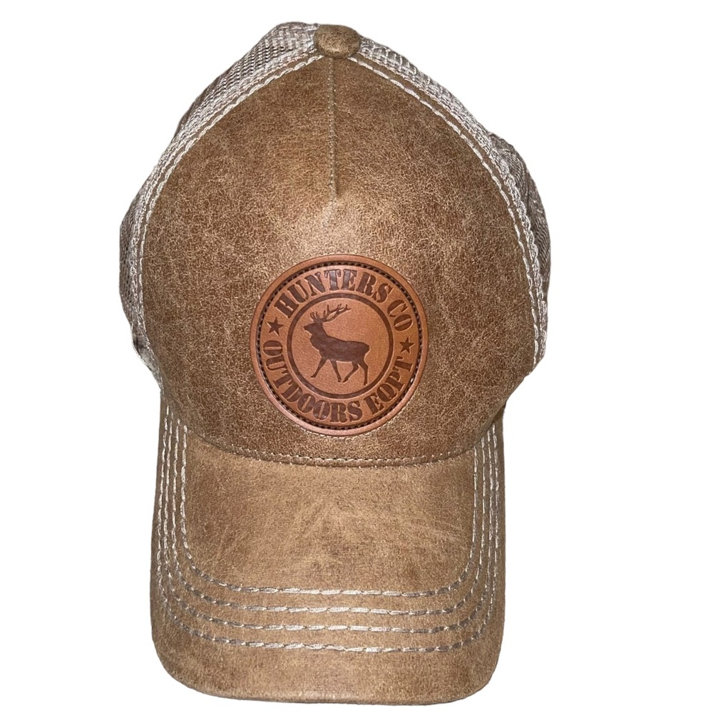 HUNTERS CO OUTDOORS EQPT Tan Faux Leather Patch Mesh Back Adjustable Strap EUC